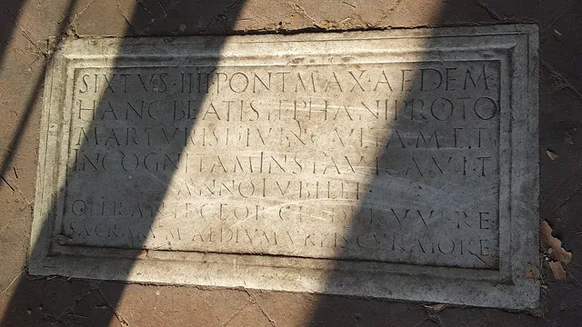 A marble inscription in Rome beginning SIXTVS IIII PONT MAX, naming Pope Sixtus IV with an additive IIII.